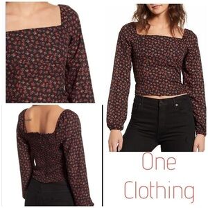 One Clothing Ditsy Long Sleeve Smocked Crop Top